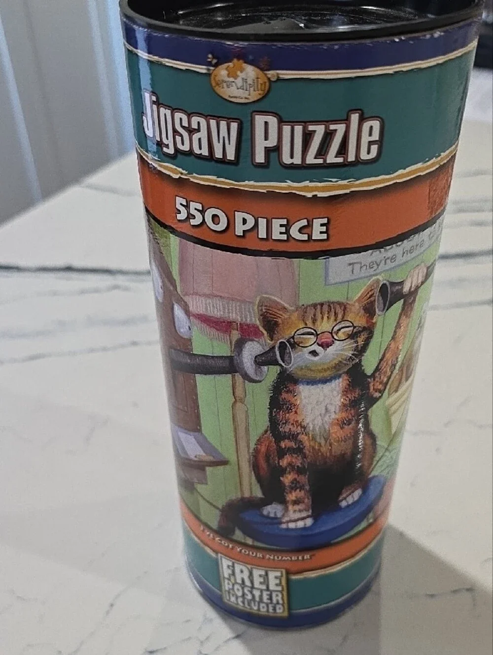 Serendipity 550 Piece Jigsaw Puzzle NEW in Coin Bank Canister Cat On The Phone